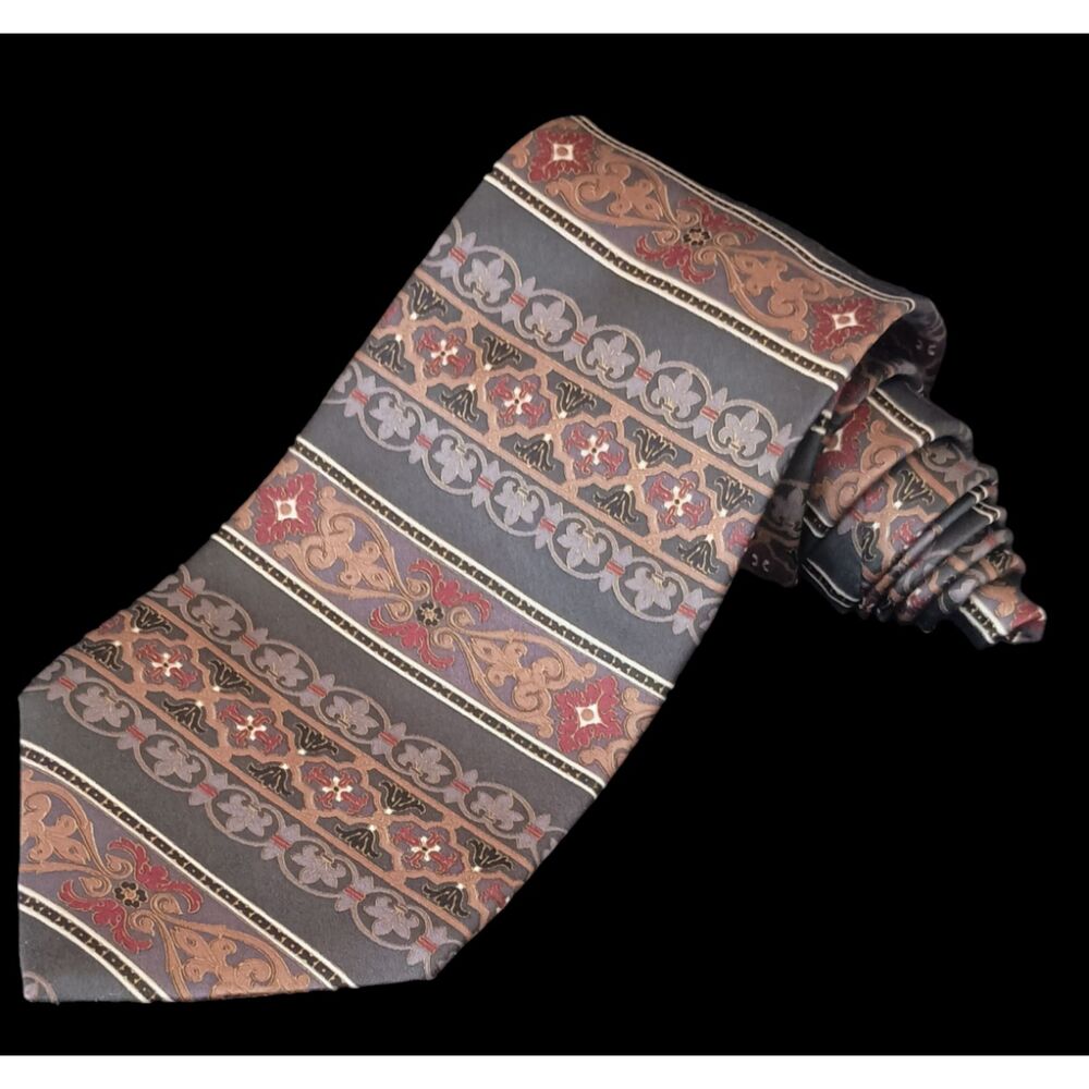 Vintage Italian Silk Henry Grethel Tie 57.5"x4" Necktie Gray Red Classic Pattern